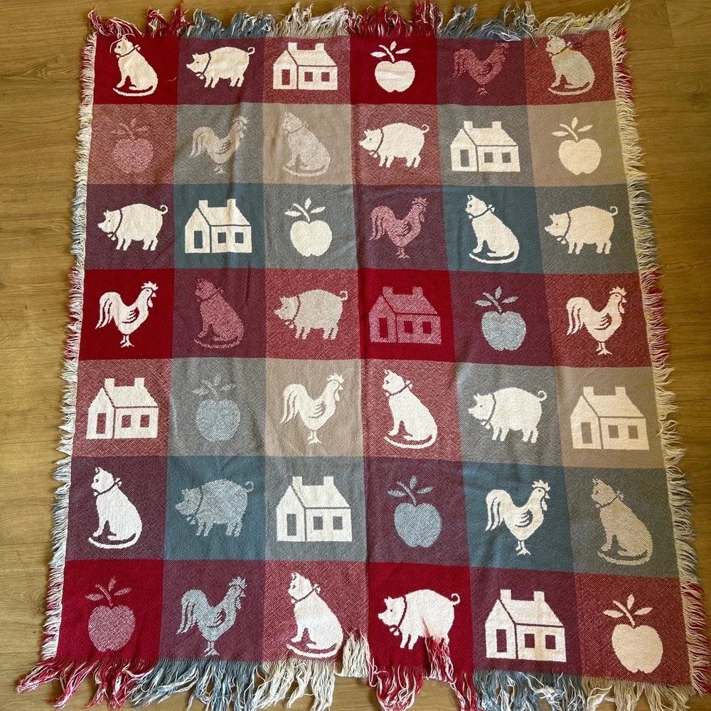 Vintage Farmhouse Woven Tapestry Throw Blanket Rooster Cat Pig Red Blue Fringed